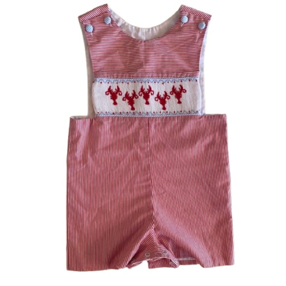 Shrimp & Grits Kids Smocked Lobster Romper Size 18 mos Red & White Striped Beach